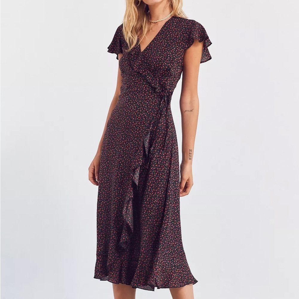 Kimchi Blue from Urban Outfitters Black/Red Ditsy Floral Wrap Dress